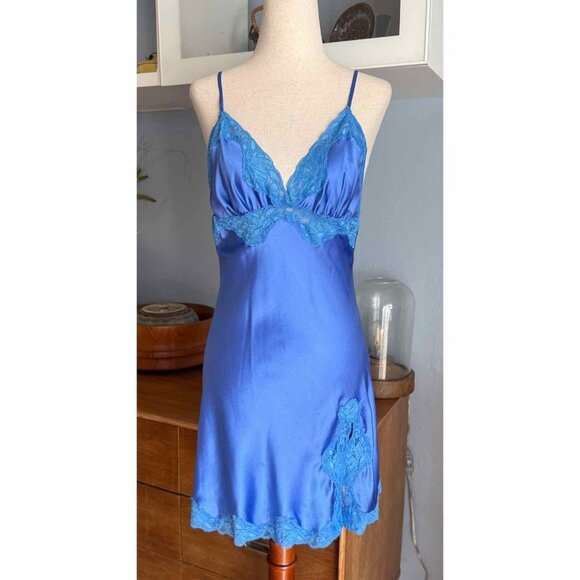 Mary Green Other - VTG Mary Green Silk Y2K Coquette Fairy Lace Trim Chemise Slip Dress M Blue